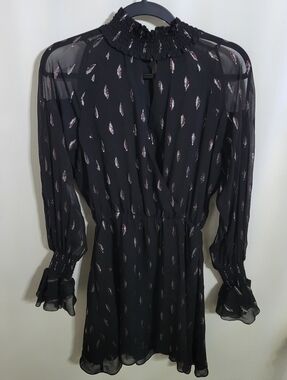 NWT Parker Black Sheer Metallic Clip Dot Long Sleeve Dress, Size XS